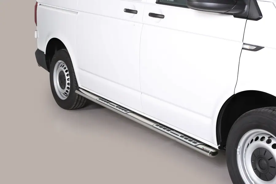 Design side steps with aluminium treads øovaal, mirror polished — Volkswagen T6.1 (2019–)