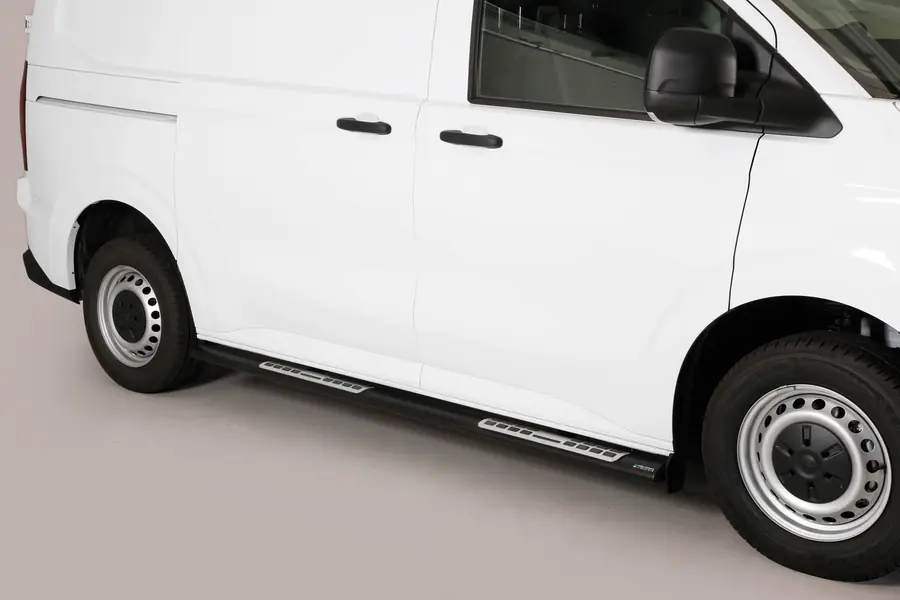 Design side steps with aluminium treads øovaal, black — Volkswagen Transporter (2025–)