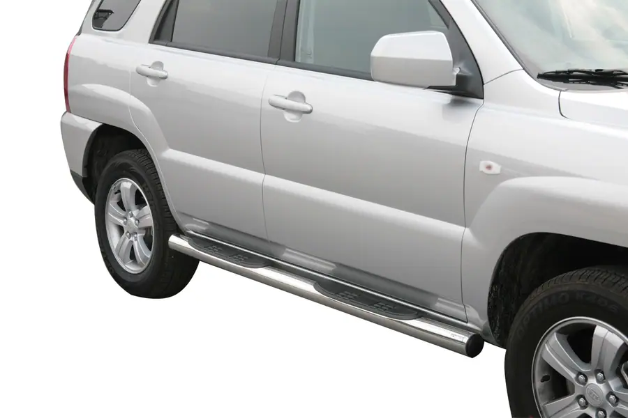 Пороги Grand Pedana с пластиковыми накладками ø76, полированная — Kia Sportage (2008–2010)