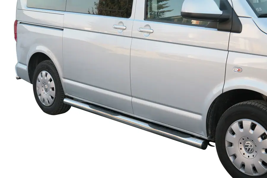 Grand Pedana side steps with plastic treads ø76, mirror polished — Volkswagen T5 (2003–2015)