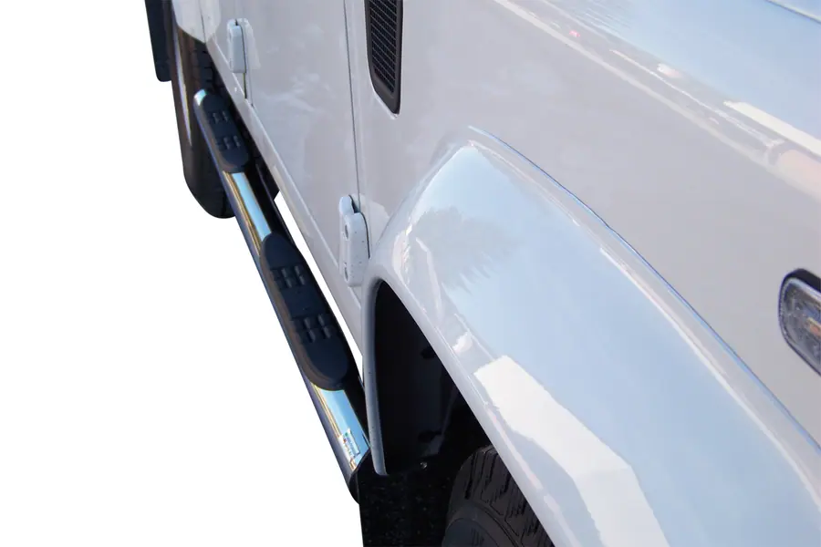 Grand Pedana side steps with plastic treads ø76, mirror polished — Land Rover Defender