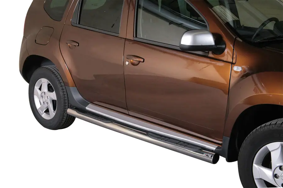 Grand Pedana side steps with plastic treads ø76, mirror polished — Dacia Duster (2010–2017)