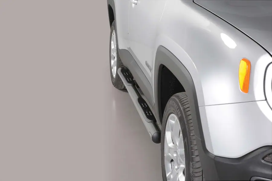Grand Pedana side steps with plastic treads ø76, mirror polished — Jeep Renegade (2014–2018)