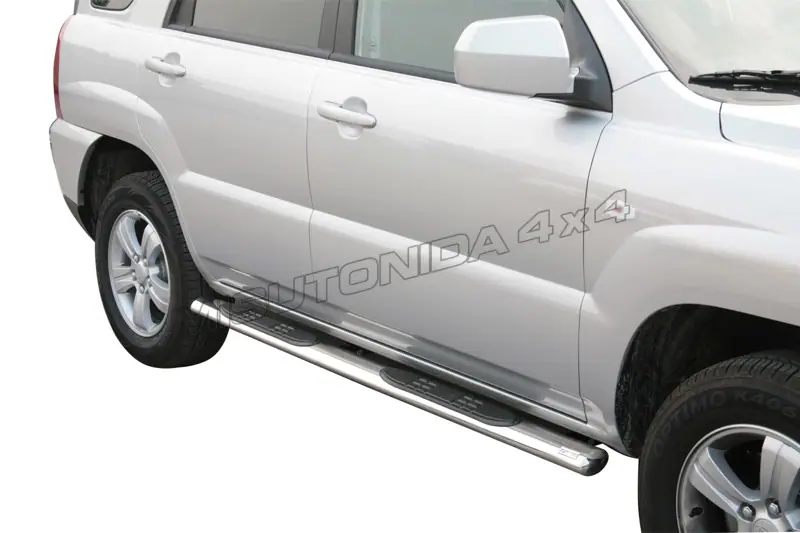 Oval Grand Pedana side steps with plastic treads øovaal, mirror polished — Kia Sportage (2004–2008)