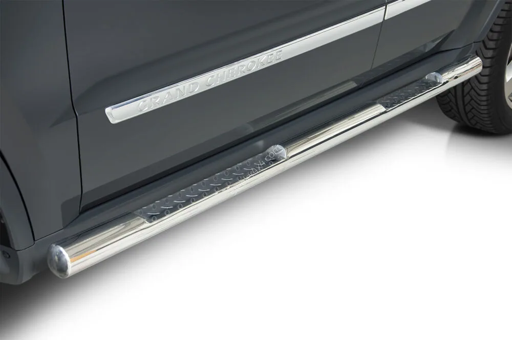 Stainless steel side bars with checker plate steps — Jeep Grand Cherokee (2011–2014)